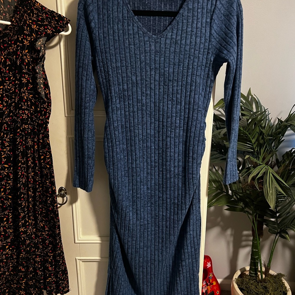 Blue Ribbed Knit Dress